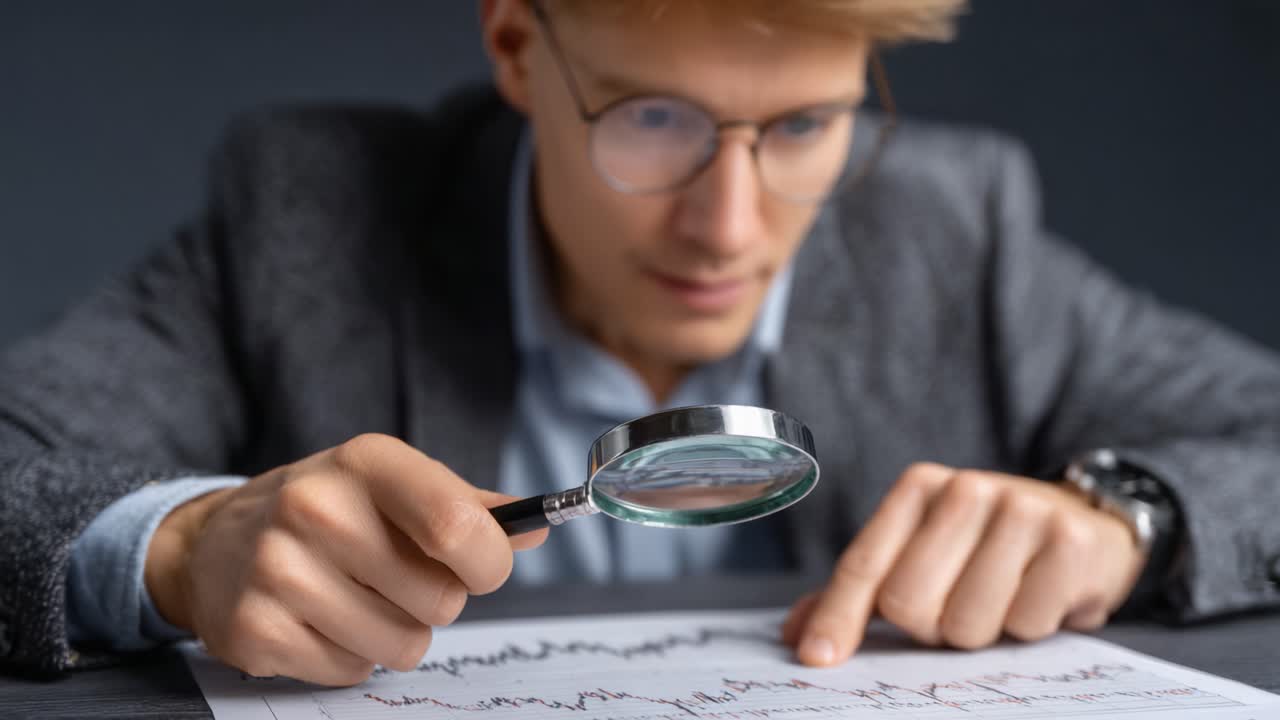 İstatistiksel Verileri Büyüteç Aracılığıyla Analiz Eden, Anlamlı Gözlemler ve Derinlemesine Anlayış İçin Grafikler ve Çizelgeler Üzerine Derinlemesine İnceleme Yapan Odaklanmış Bir Birey.