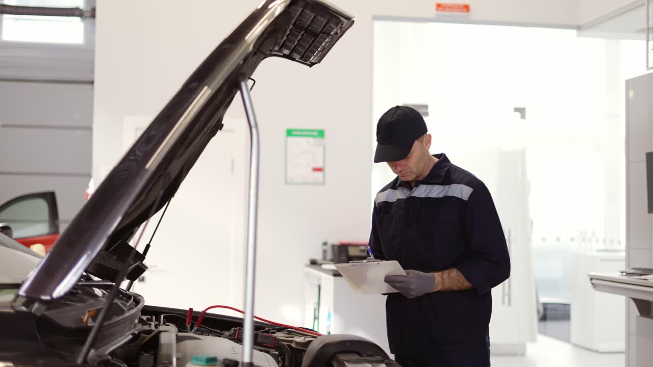 mecánico en un motor de comprobación de disparos de reparación automática usando una tableta