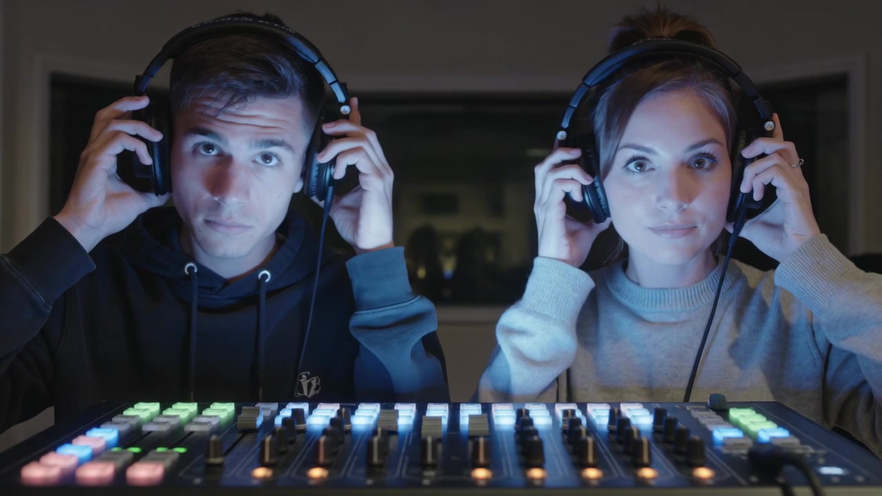 To studioproducere, iført hættetrøje og sweater, løfter hovedtelefoner og justerer konsolpuder for at mixe et spor.