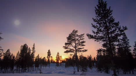 Zeitraffer-–-Ein-Wald-Und-Die-Aurora-Borealis,-Von-Tag-Zu-Nacht,-Finnland,-Heranzoomen