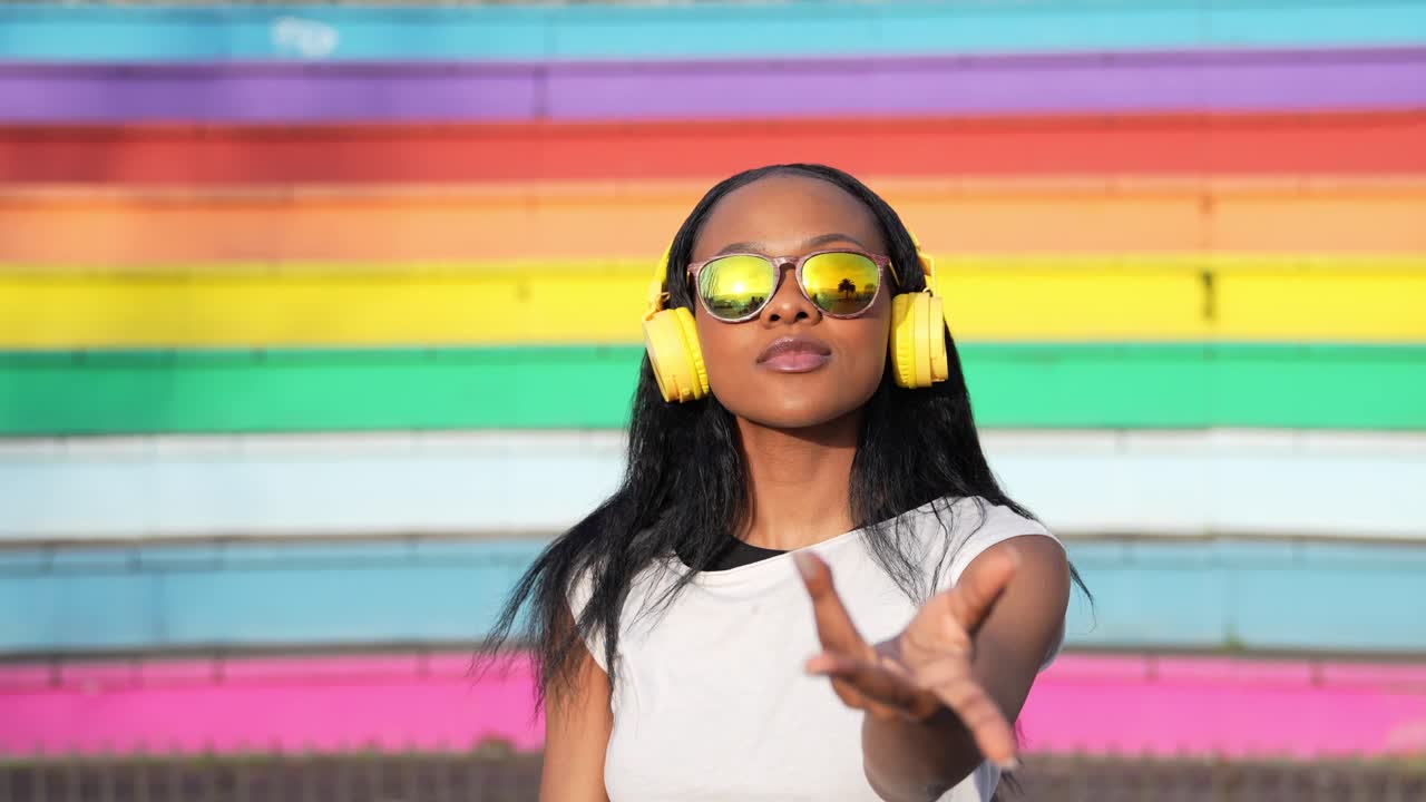 Donna che balla su scale arcobaleno con cuffie e occhiali da sole