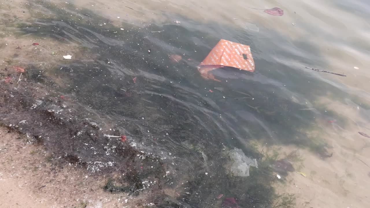 바다에 있는 쓰레기 해안 근처에 떠다니는 물