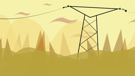 fondo de animación de dibujos animados con nubes de movimiento y línea eléctrica