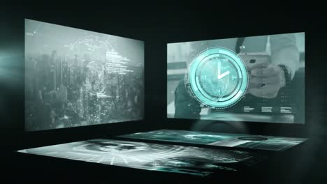 Animation of clock moving fast and data processing on screen