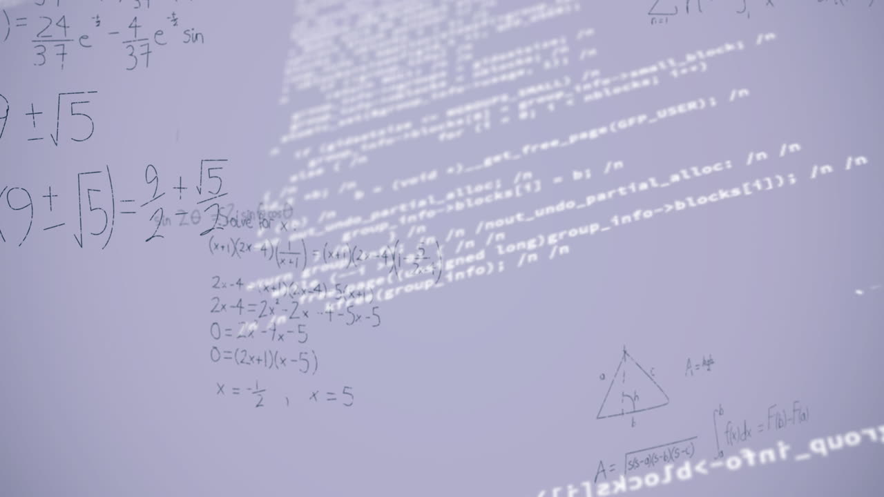 Animation of mathematical equations and data processing on white background
