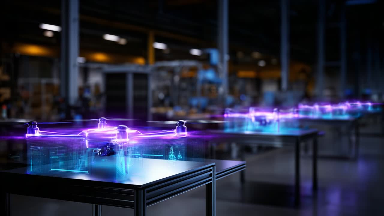 A Futuristic Display of Advanced Drones Being Tested in a High-Tech Laboratory Setting, Showcasing Cutting-Edge Technology with Holographic Projections and Vibrant Visual Effects in an Industrial Environment