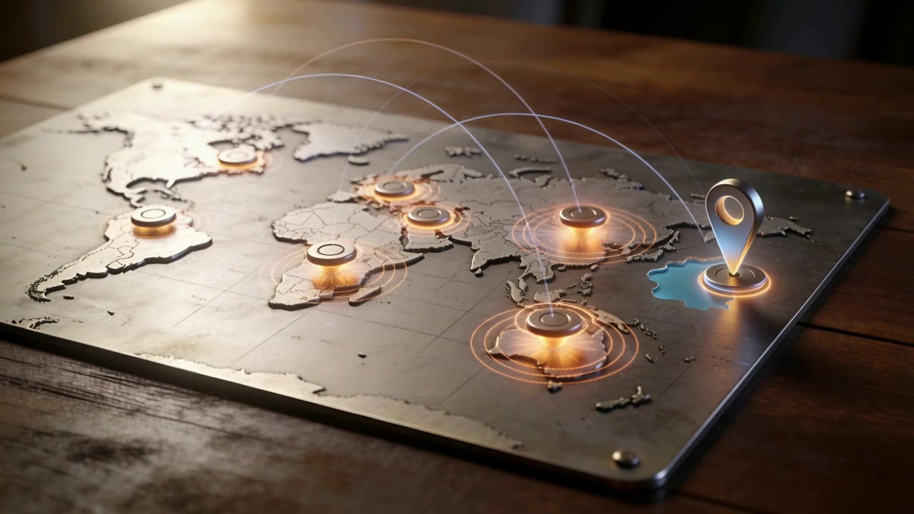 Pannello animato di una mappa del mondo in metallo, un segnaposto che si solleva creando anelli di concentrazione, formando coni su un tavolo di legno