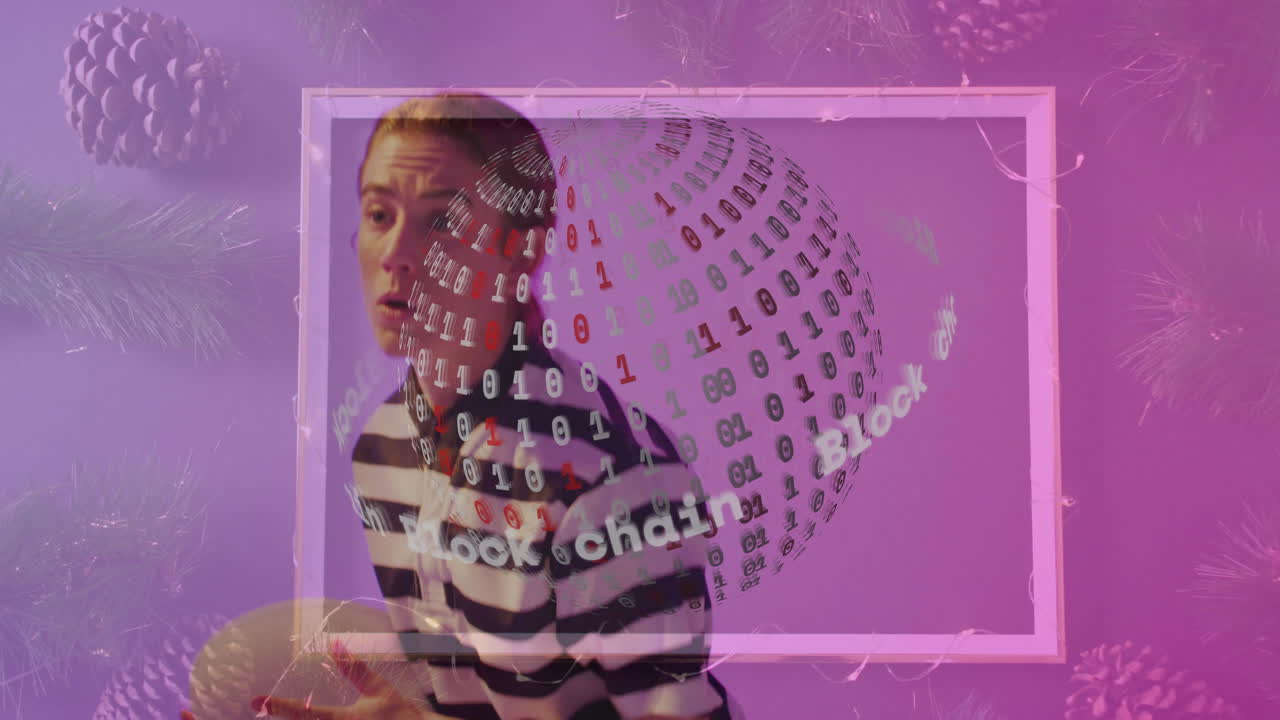 Blockchain text and binary code animation over person in striped shirt