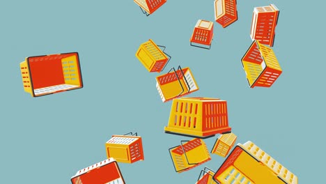 yellow shopping baskets on pale blue background.