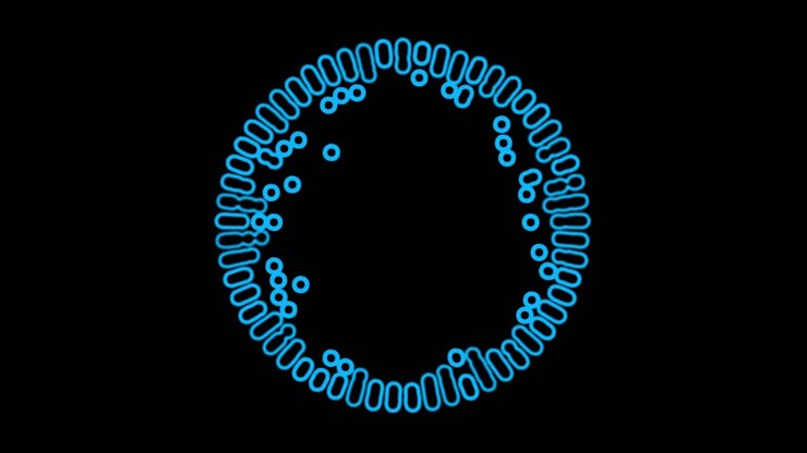 Circle of blue organic shapes moves with liquid, bubbling motion on black background. Abstract Visual effects VFX for science, biology, medical, or technology visuals. Seamless loop