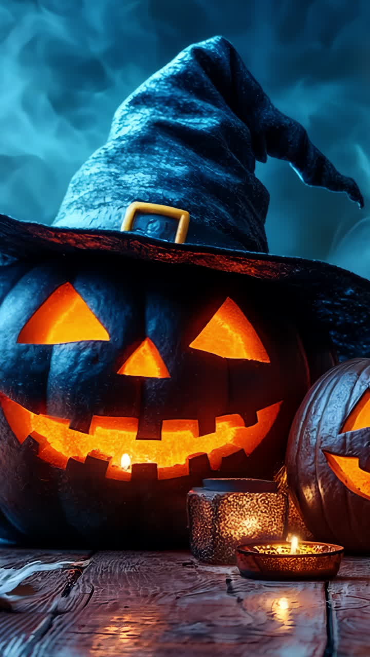 A pair of pumpkins with a witch's hat on top of them. The pumpkins are lit up and the hat is black
