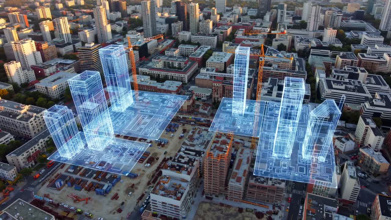 Construction Site with 3D Architectural Blueprint Overlay