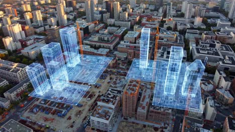 construction site with 3d architectural blueprint overlay
