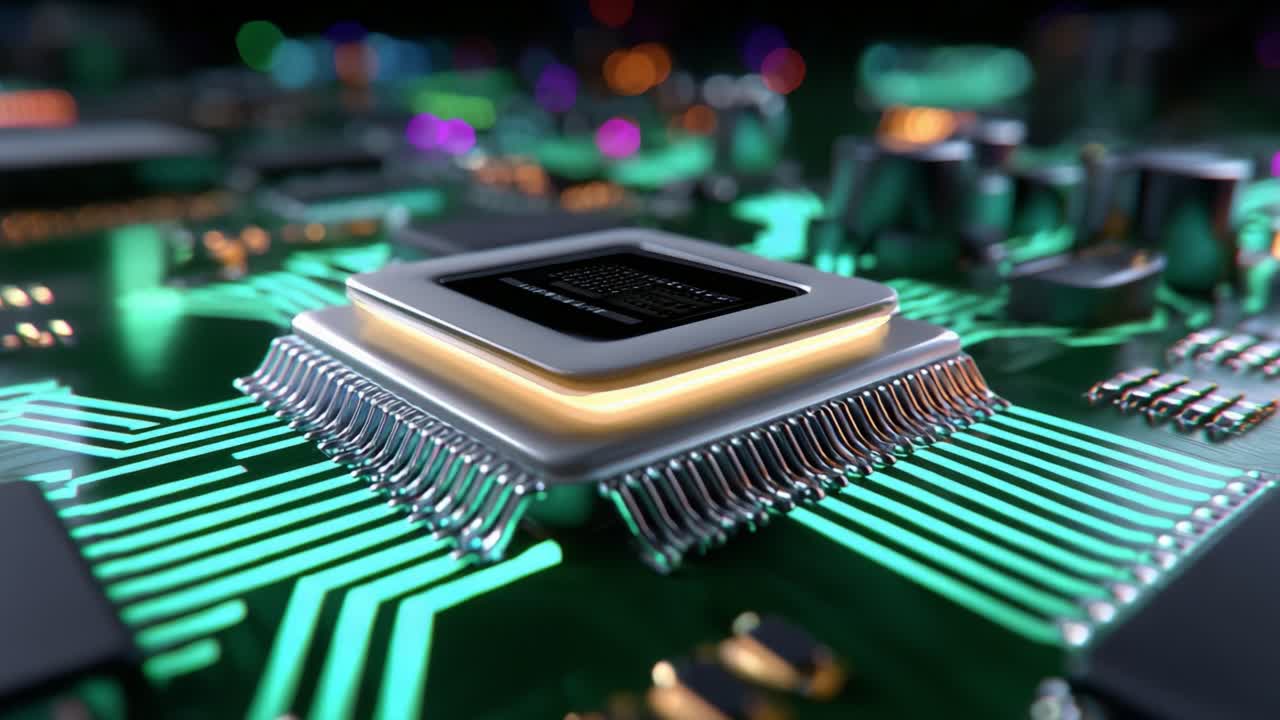 A Stunning Close-Up of a Modern Microprocessor Embedded on a High-Tech Circuit Board, Showcasing Intricate Details of Electronics with Vibrant Colors and Complex Patterns in a Digital Fabrication Environment