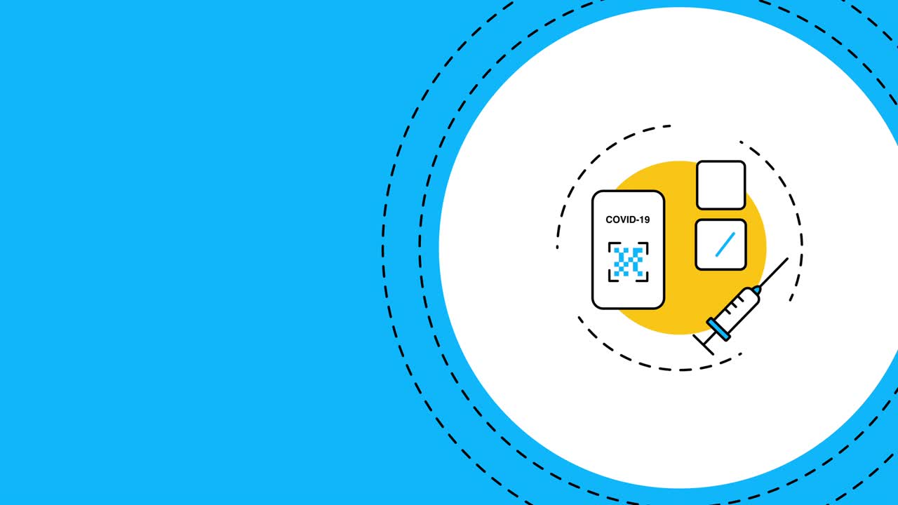 video en 4k de un certificado de vacunación de dibujos animados y una jeringa sobre un fondo azul.