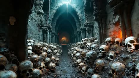 a tunnel full of skulls in a cave filled with skulls