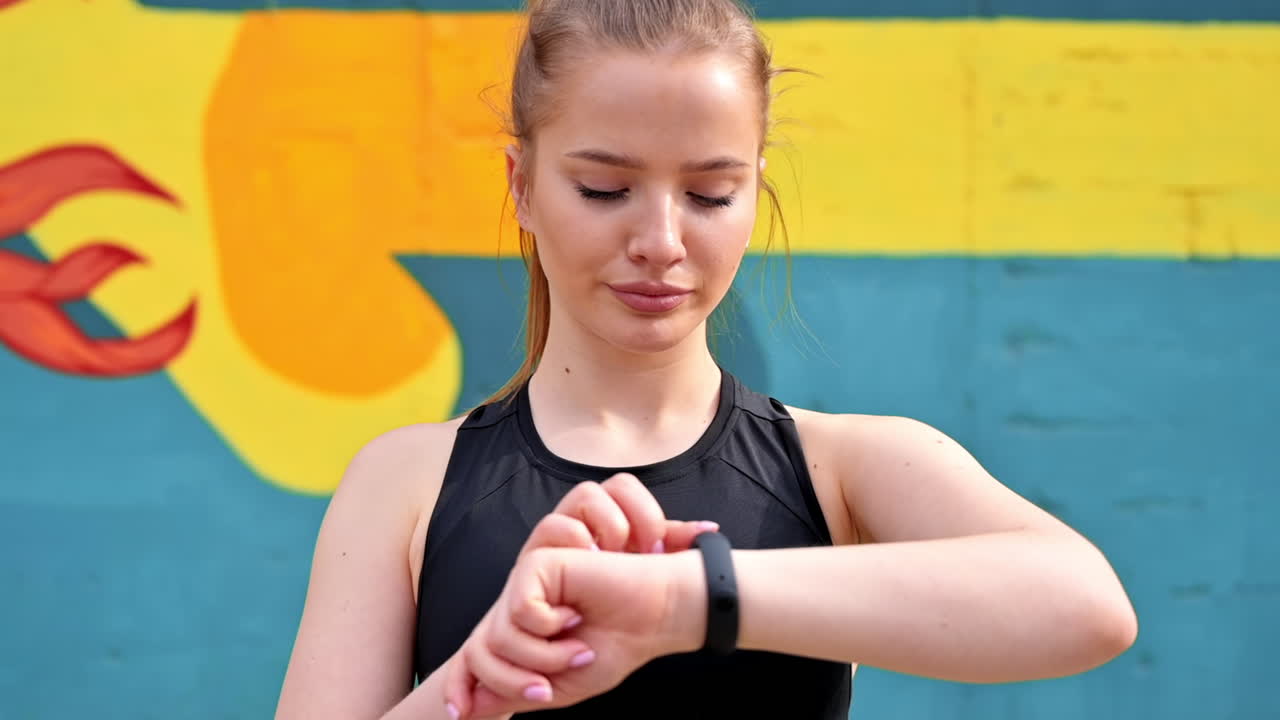 Young blonde woman at outdoors training in sportswear is on her fitness bracelet, earphones, multicolored background. Slow motion