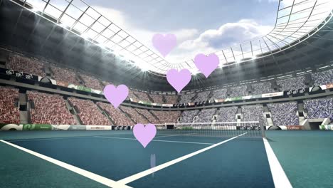 animation of hearts floating over sports stadium