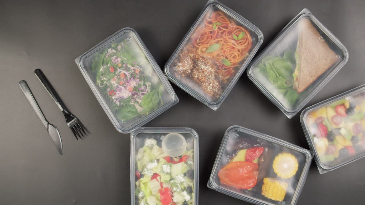 健康的な食事の作り置き用食品容器を積み重ねる手