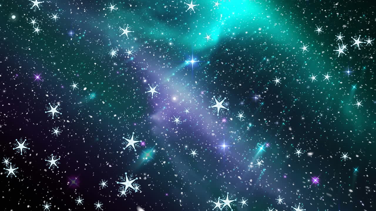 Animation of snow falling over sky with stars