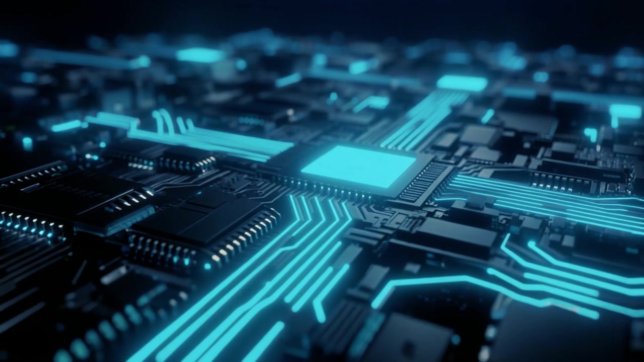 Futuristisk printkort med glødende blåt dataflow
