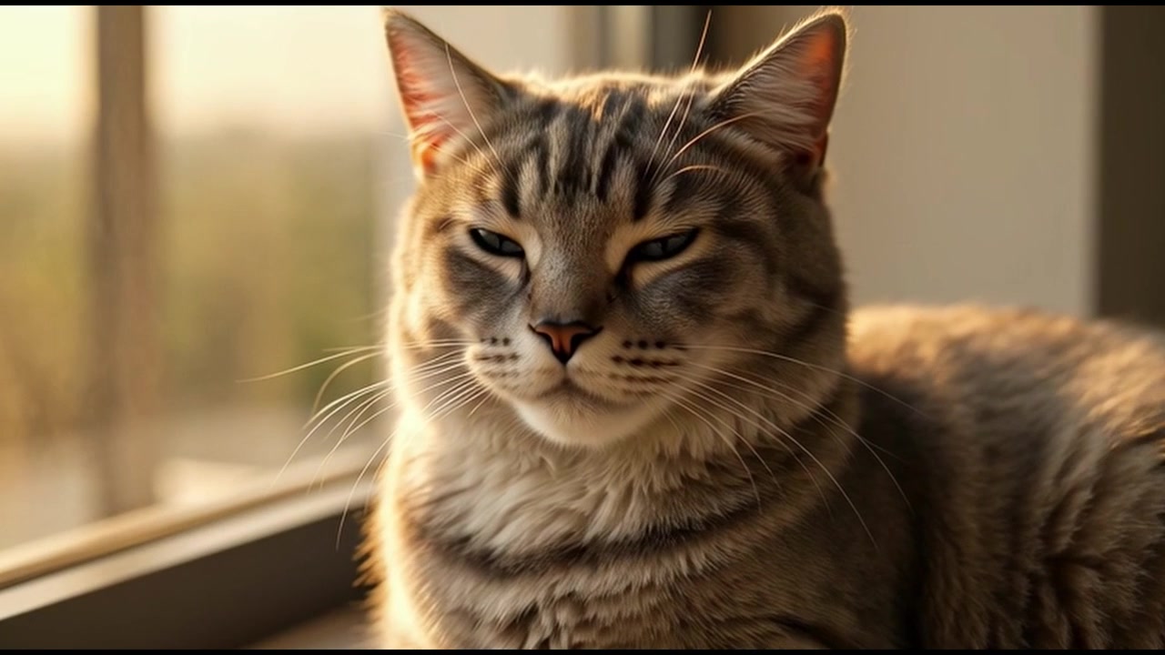 Gatto soriano che riposa su un davanzale alla calda luce del sole