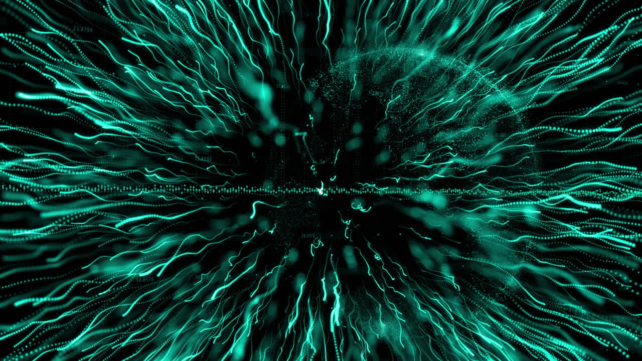 Animation of explosion of green light trails over globe spinning on black background
