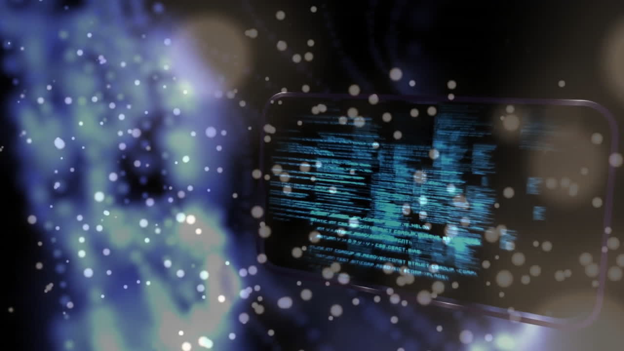 Animation of screen with data processing over light spots on black background