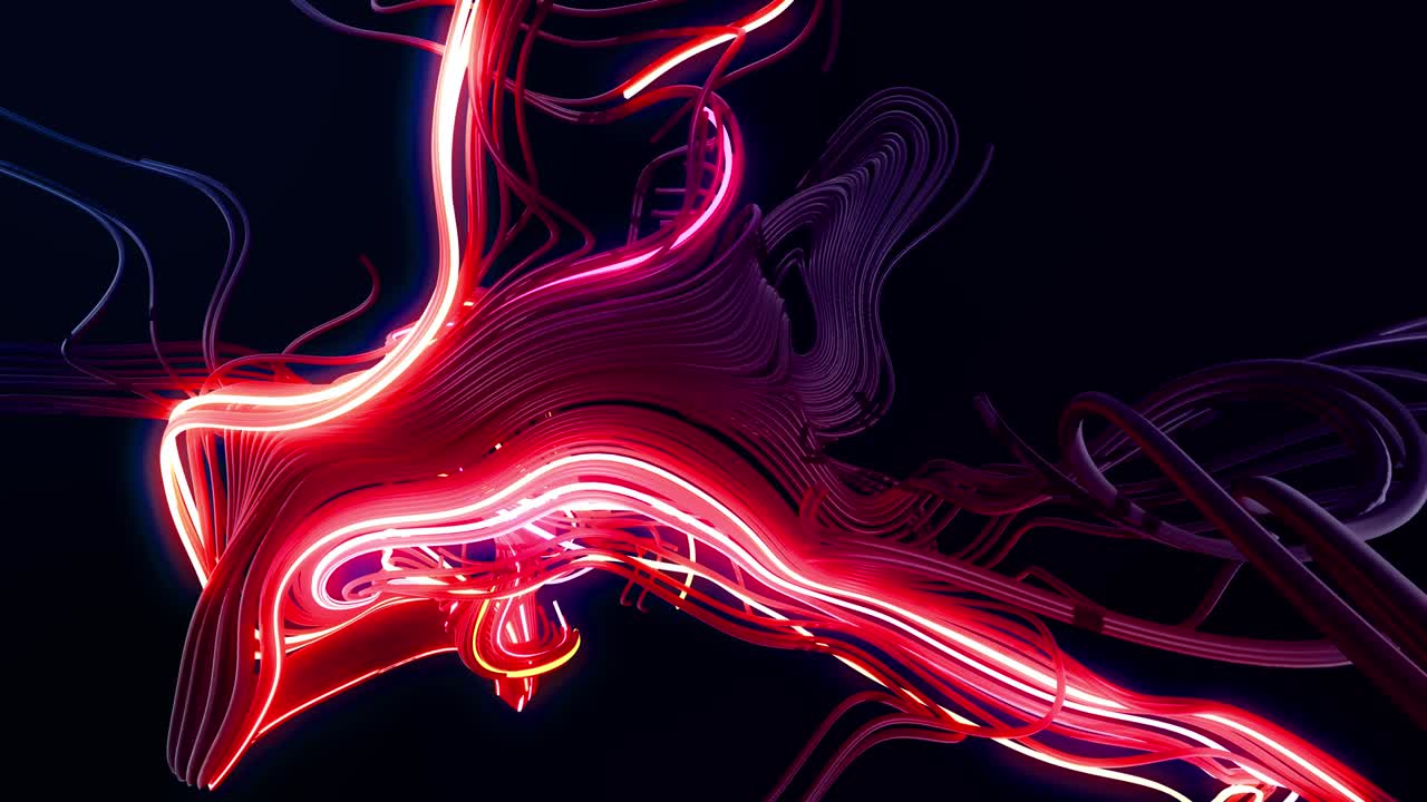 4K abstraktní smyčkové pozadí. Vícebarevný záblesk zakřivených čar. Koncept výpočetní neuronové sítě, umělé inteligence, AI. Neonová světla jako girlanda nebo blesky. Luma matte jako alfa kanál.