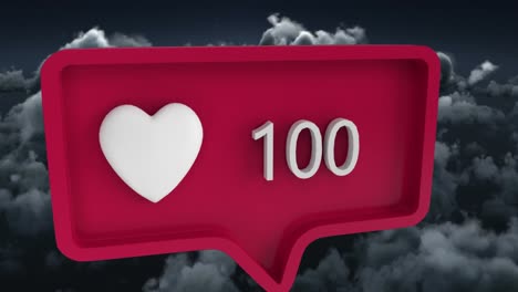 animación del icono del corazón con números en la burbuja del habla sobre el cielo y las nubes