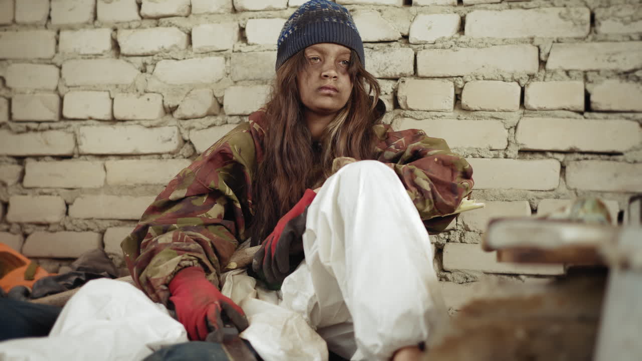 Sad homeless girl in winter clothes sitting alone on ground against old brick wall, looking tired and thoughtful, surrounded by scattered belongings and debris