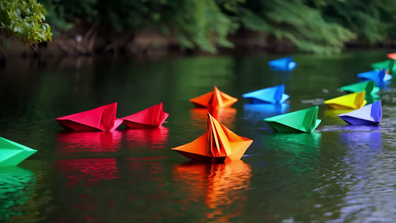 coloridos barcos de origami en un río