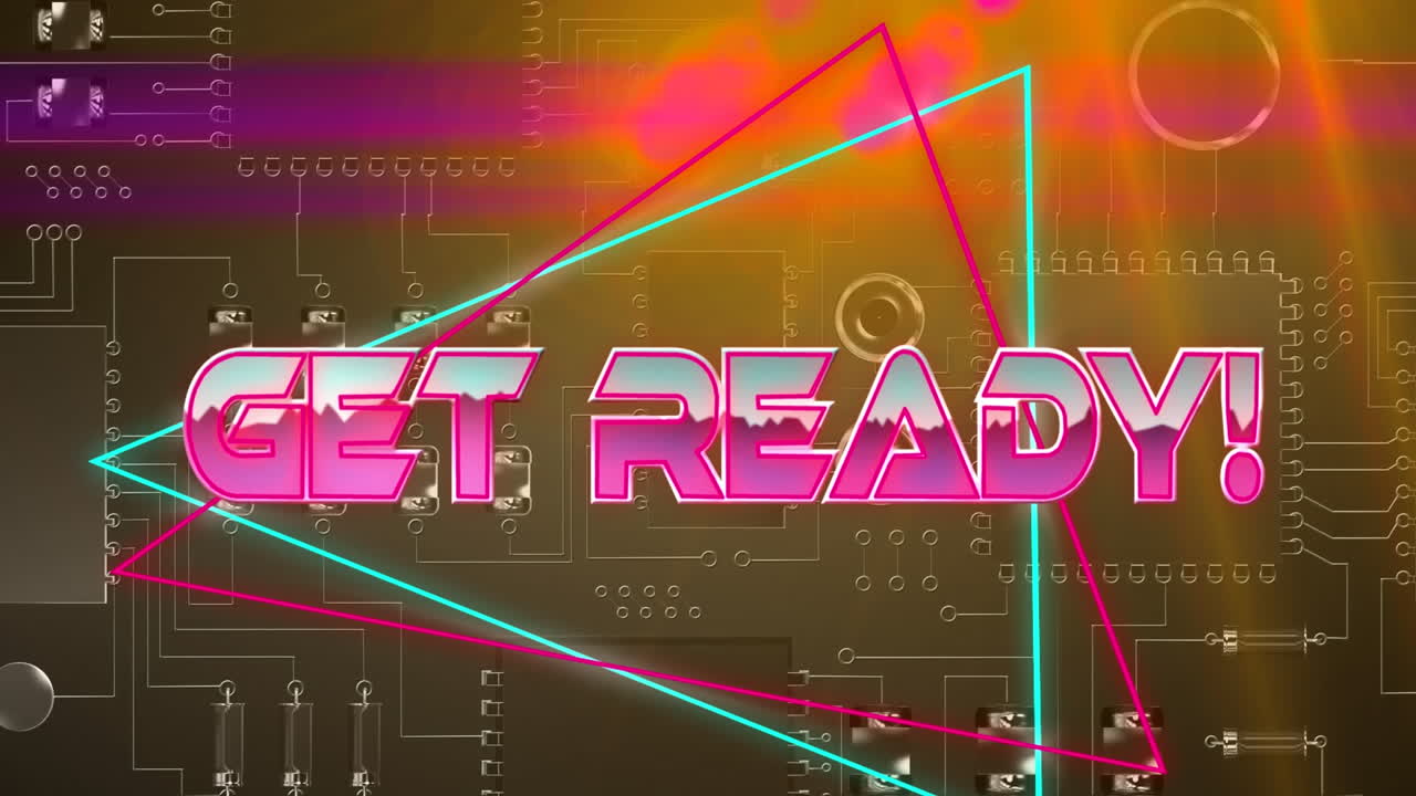 Get ready text on neon triangles over close up of microprocessor connections on black background