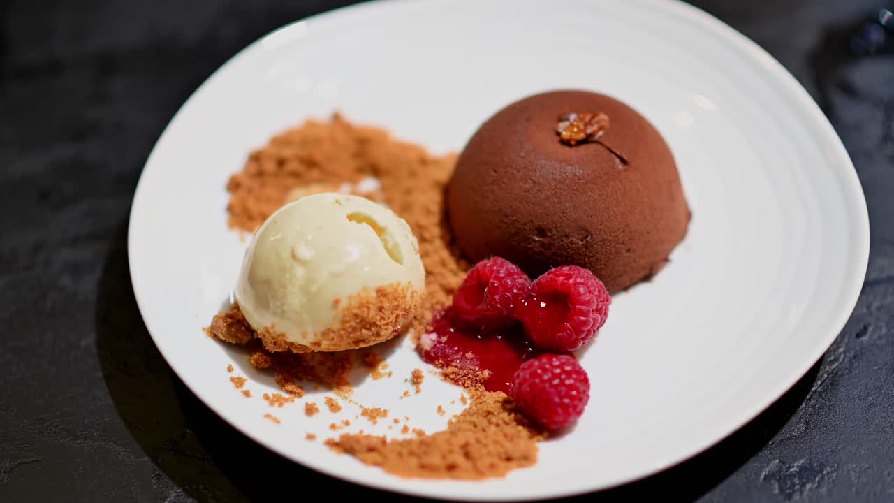 Delicious Chocolate Dessert with Ice Cream and Raspberries