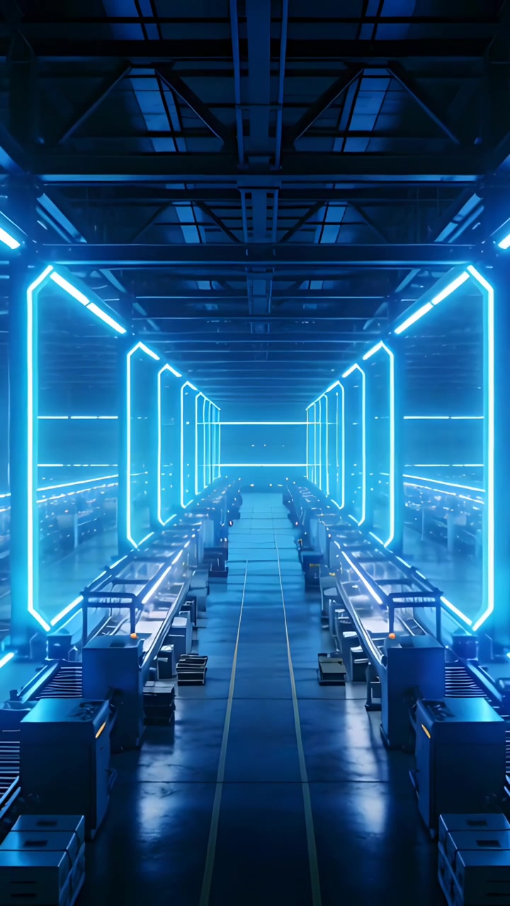 Vertical video: Starting camera moving down neon-lit center aisle in plant showing belts and depth