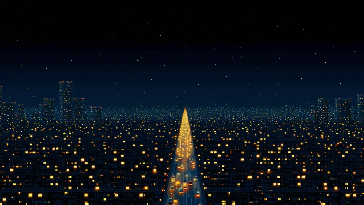 A mesmerizing panoramic view of a city at night showcasing a vibrant highway illuminated by twinkling streetlights and surrounded by a sprawling urban landscape filled with glowing windows