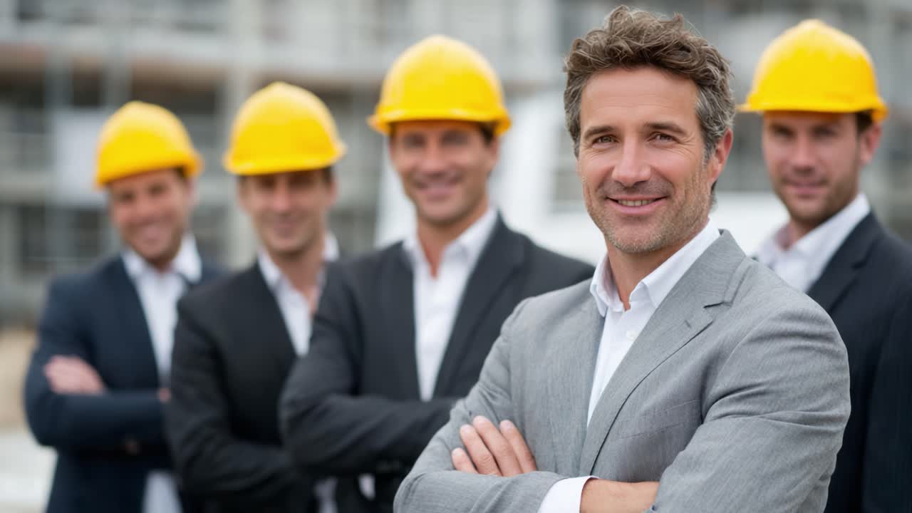 A Group of Confident Construction Professionals Posing Together, Showcasing Teamwork and Leadership in a Building Project