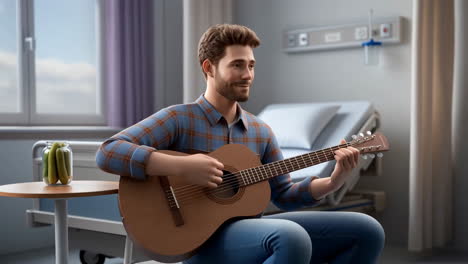 man playing guitar in a hospital room