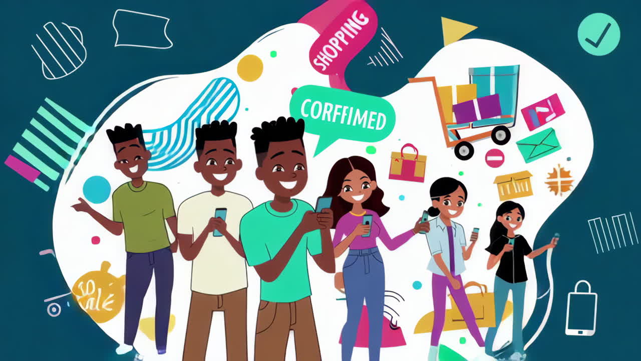 Illustrations of people using smartphones for online shopping and digital interactions