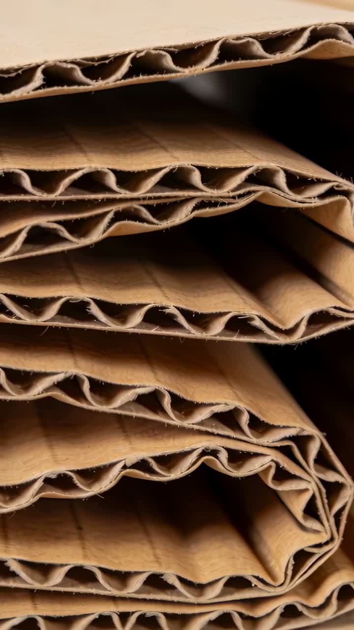 Vertical video: Panning cam filming stacked fluted cardboard folds at packing shelf showing texture