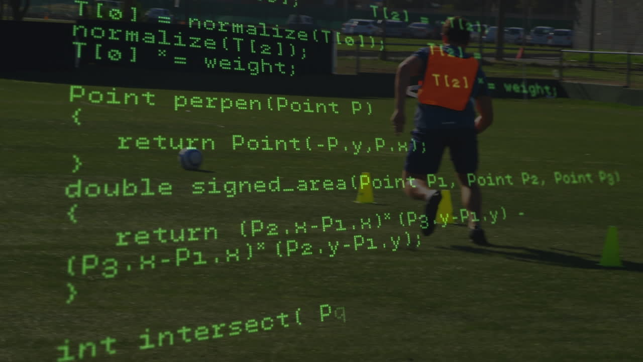 Data processing against african american male soccer player practicing soccer on sports field