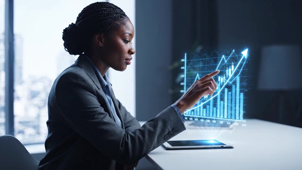 Fokuseret professionel analyserer data på en tablet med digitale grafer, der fremviser fremskridt og vækst i et moderne arbejdsmiljø.