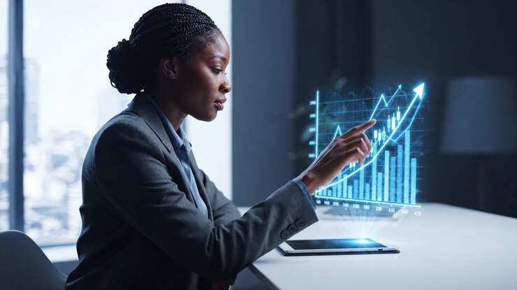 Focused Professional Analyzing Data on a Tablet with Digital Graphs, Showcasing Progress and Growth in a Modern Work Environment