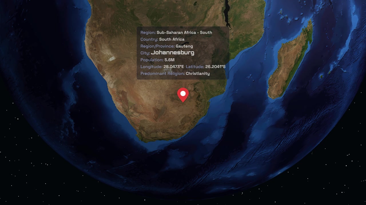 A digital globe rotates and zooms into Johannesburg, South Africa, displaying localized demographic information