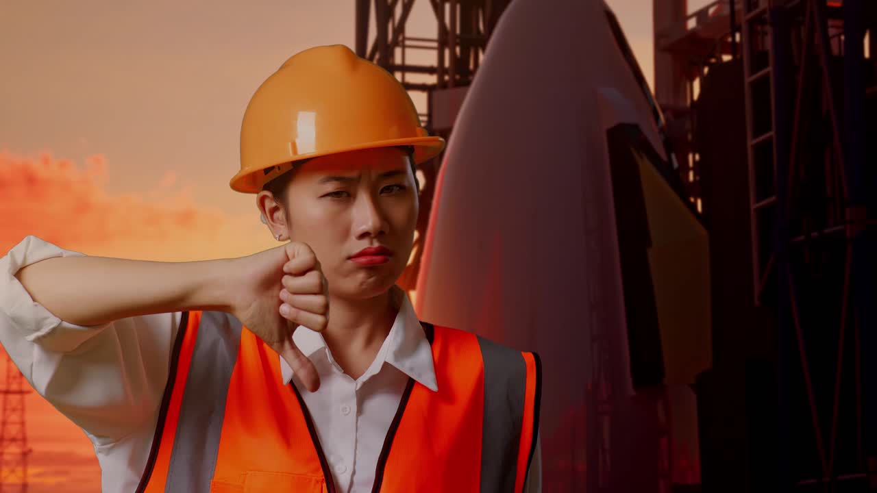 안전 헬을 착용한 아시아 여성 엔지니어가 엄지손가락을 내려놓고 머리를 흔들며 스페이스 셔틀에 서 있다.