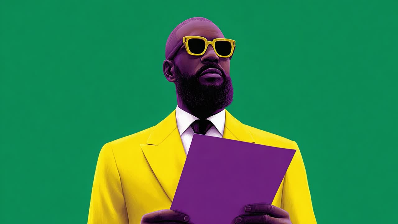 A Stylish Figure in Bright Yellow Suit and Sunglasses Holding a Purple Document Against a Vibrant Green Background, Showcasing Modern Fashion and Bold Aesthetics