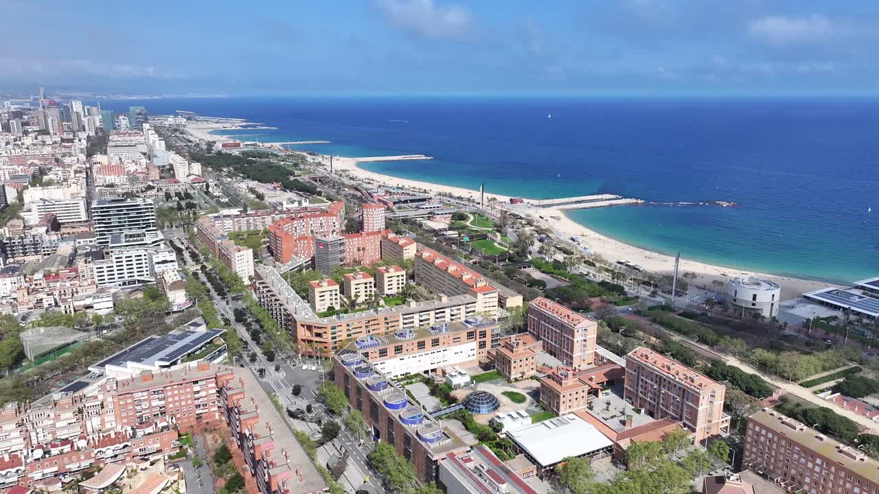 Barceloneta Beach At Barcelona In Catalonia Spain. Urban Beach. Bay Water Scenery. Downtown City. Barceloneta Beach At Barcelona In Catalonia Spain. Peaceful Landscape