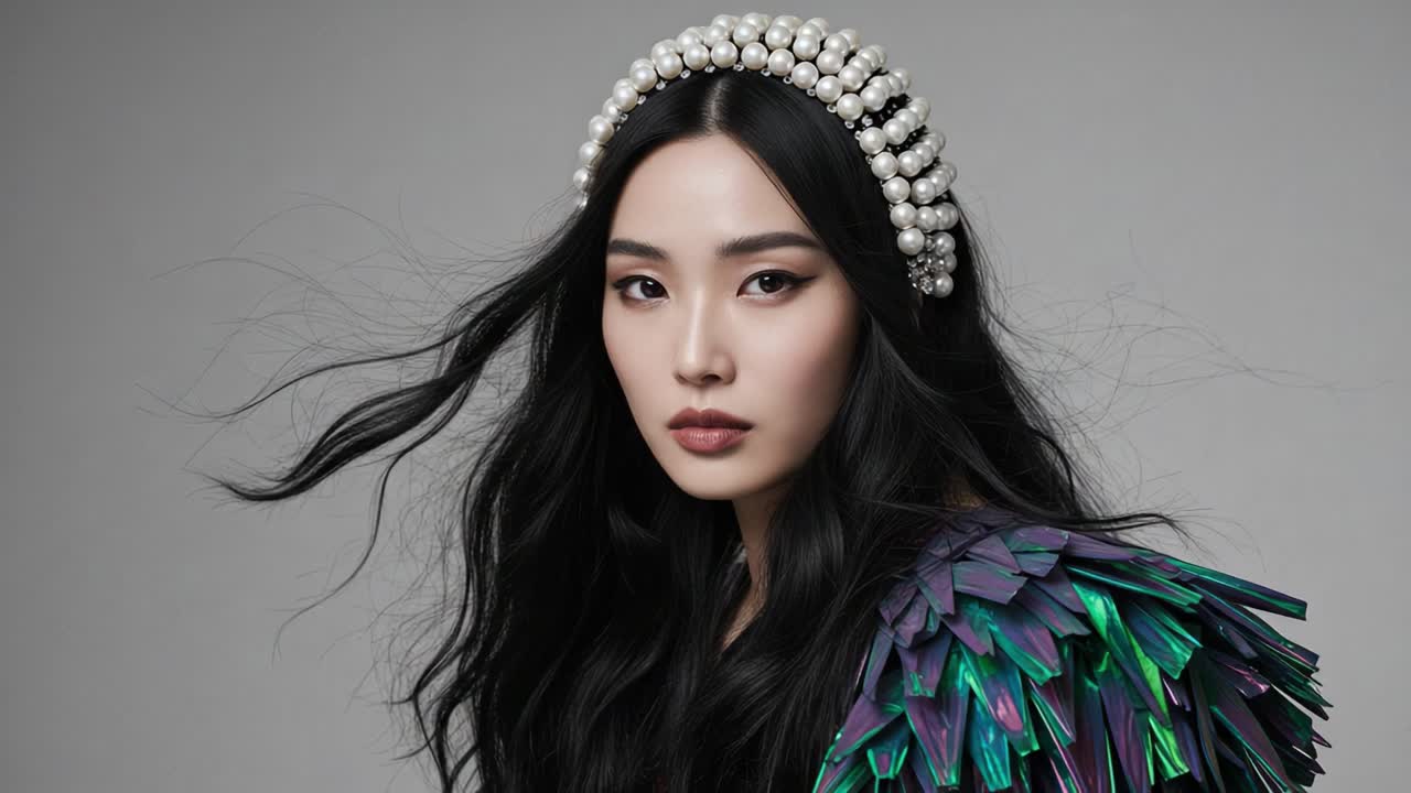 Captivating Portrait of a Stylish Model with Elegant Pearled Headband and Vibrant Feathered Outfit Illustrating Modern Fashion and Beauty Trends