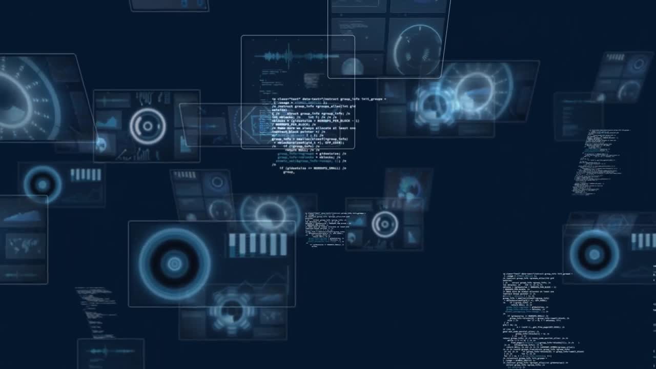 Animation of scopes and computer data processing over dark background