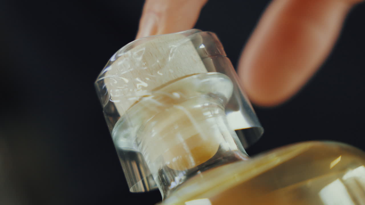 Close up shot of a plastic cap sealing a lid on a glass bottle of distilled gin, at high temperatures, industrial process in a gin distillery production